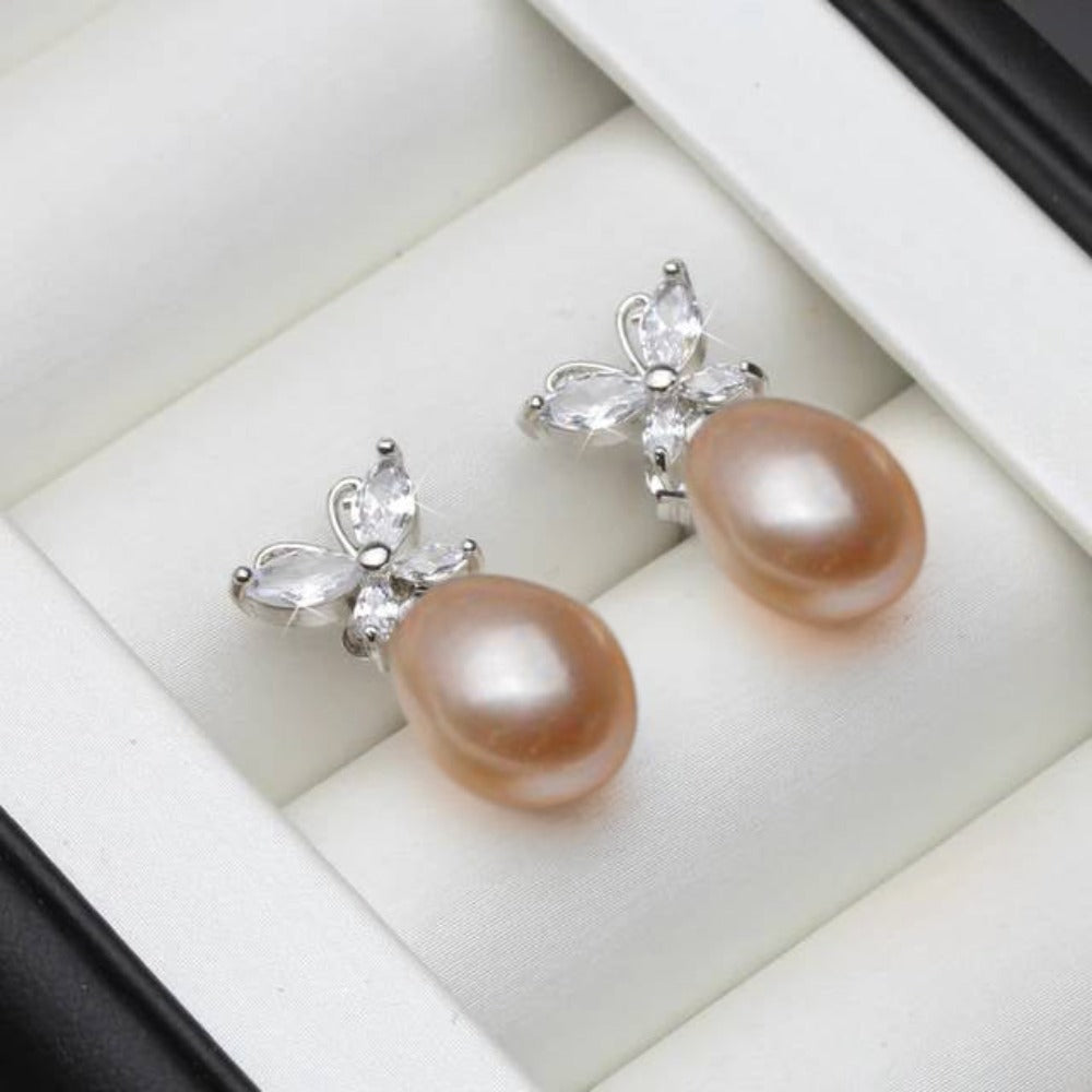 Genuine White Freshwater Pearl & Simulated Diamond Butterfly Stud Earrings-4